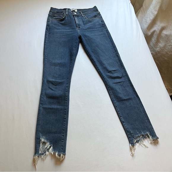 AGOLDE blue denim distressed raw fray hem cropped skinny leg jeans